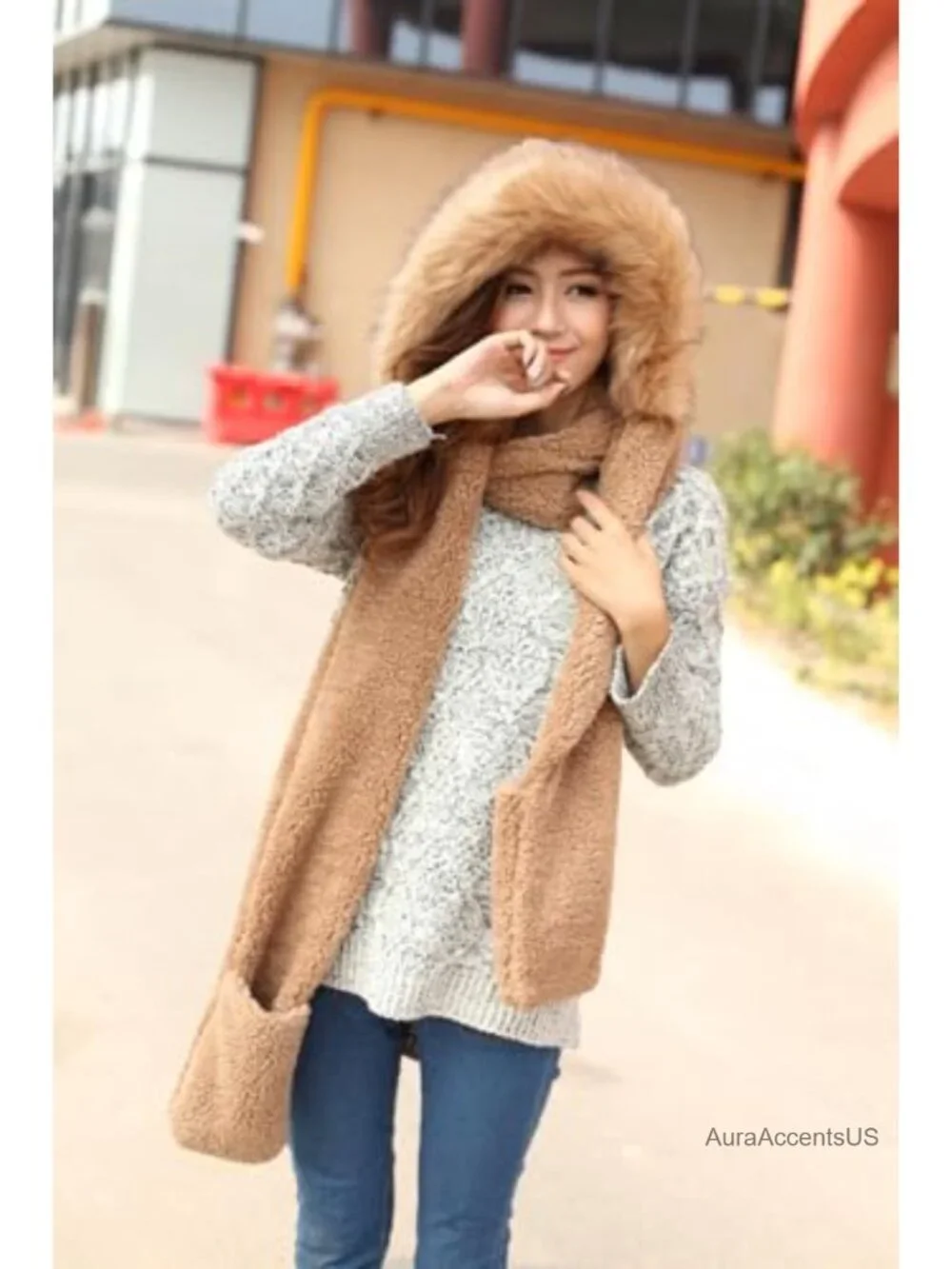 Winter Warm Women Hoodie Hat Scarf Gloves Set Soft Plush Thick